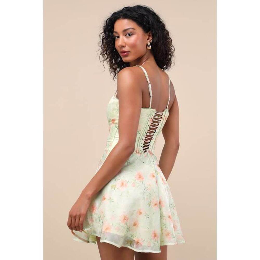Lulus Armelle Light Green Floral Lace-up Mini Dress - Size M